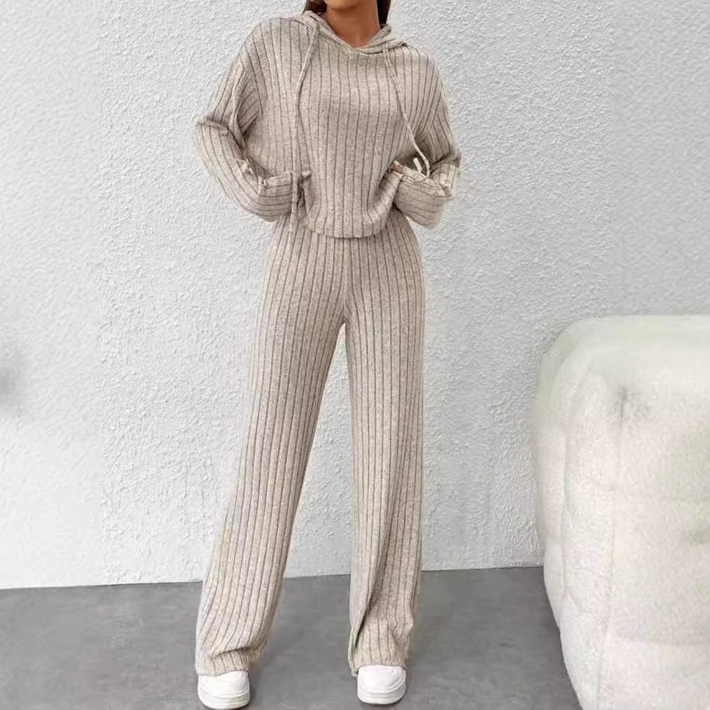 Striped Hooded Knit Sweatshirt Set Long Sleeve Casual