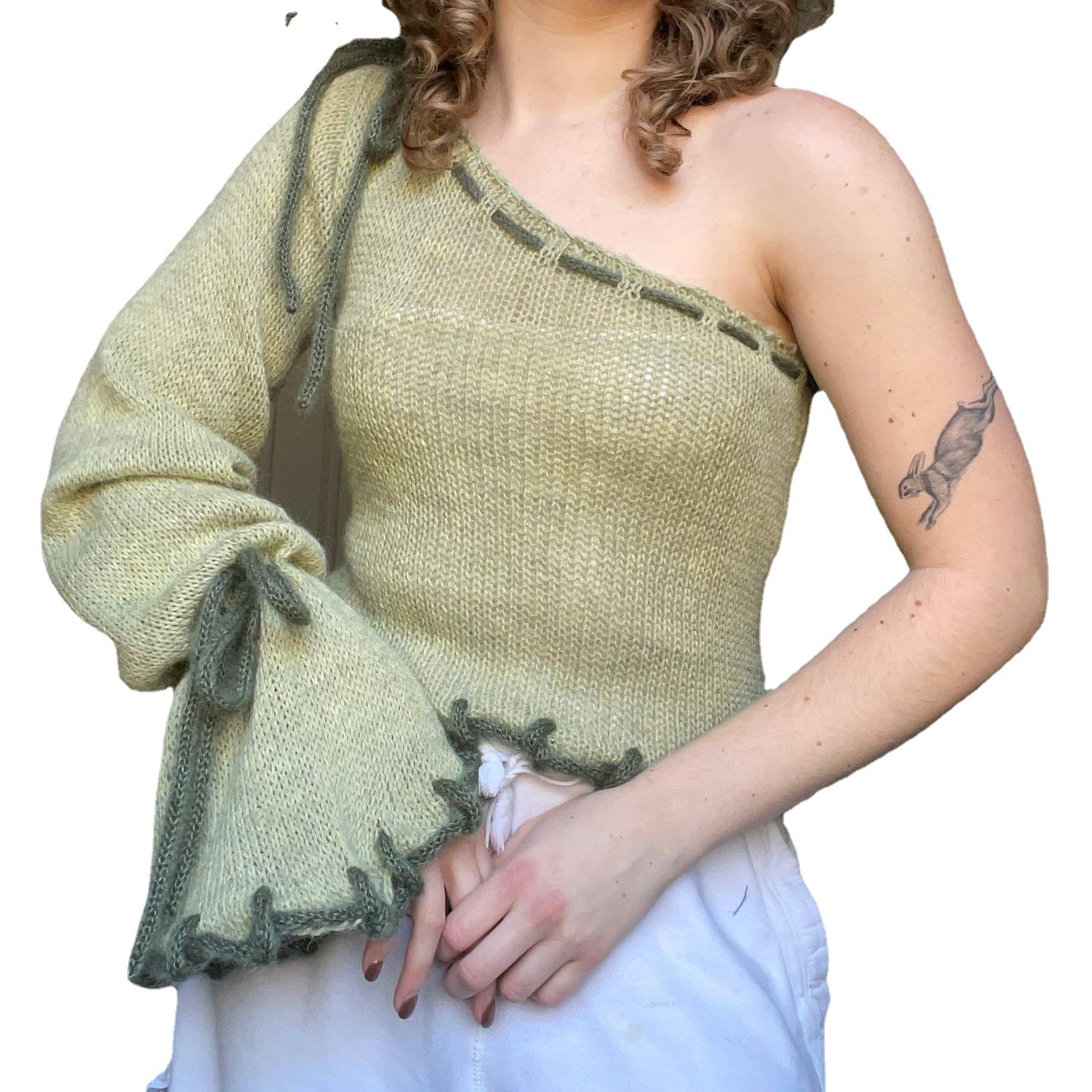 Women's One-Shoulder Colorblock Flare-Sleeve Knit Top