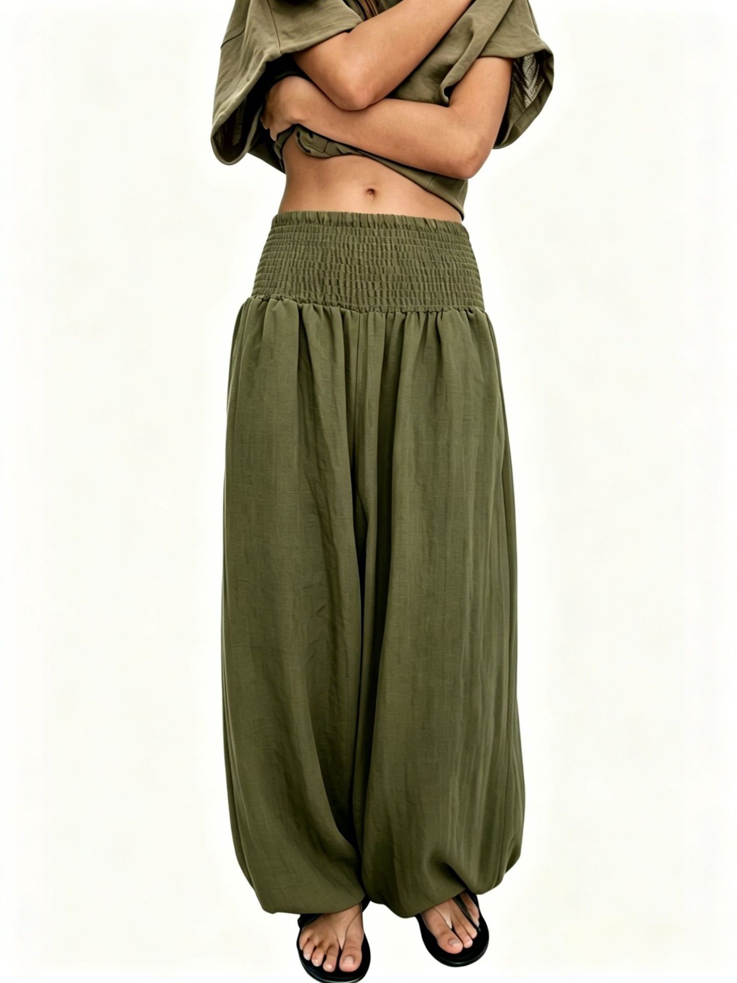 2026 Amazon New Hot-Seller Cross-Border Women's High-Waist Smocked Solid Color Cotton-Linen Fashion Casual Lantern Pants Wide-Leg Women