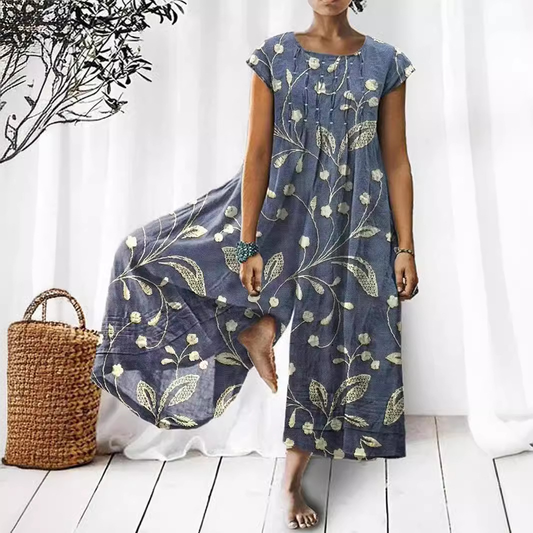 Women's V-Neck Smocked Wide-Leg Jumpsuit with Digital Print