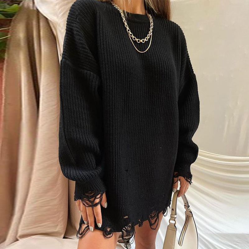 Loose Solid Color Distressed Crewneck Pullover Sweater Long Sleeve Mid-Length