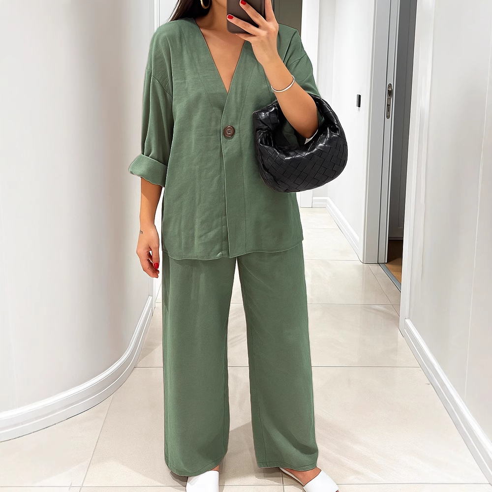 Women's Casual V-Neck One-Button Cardigan and Pants Set