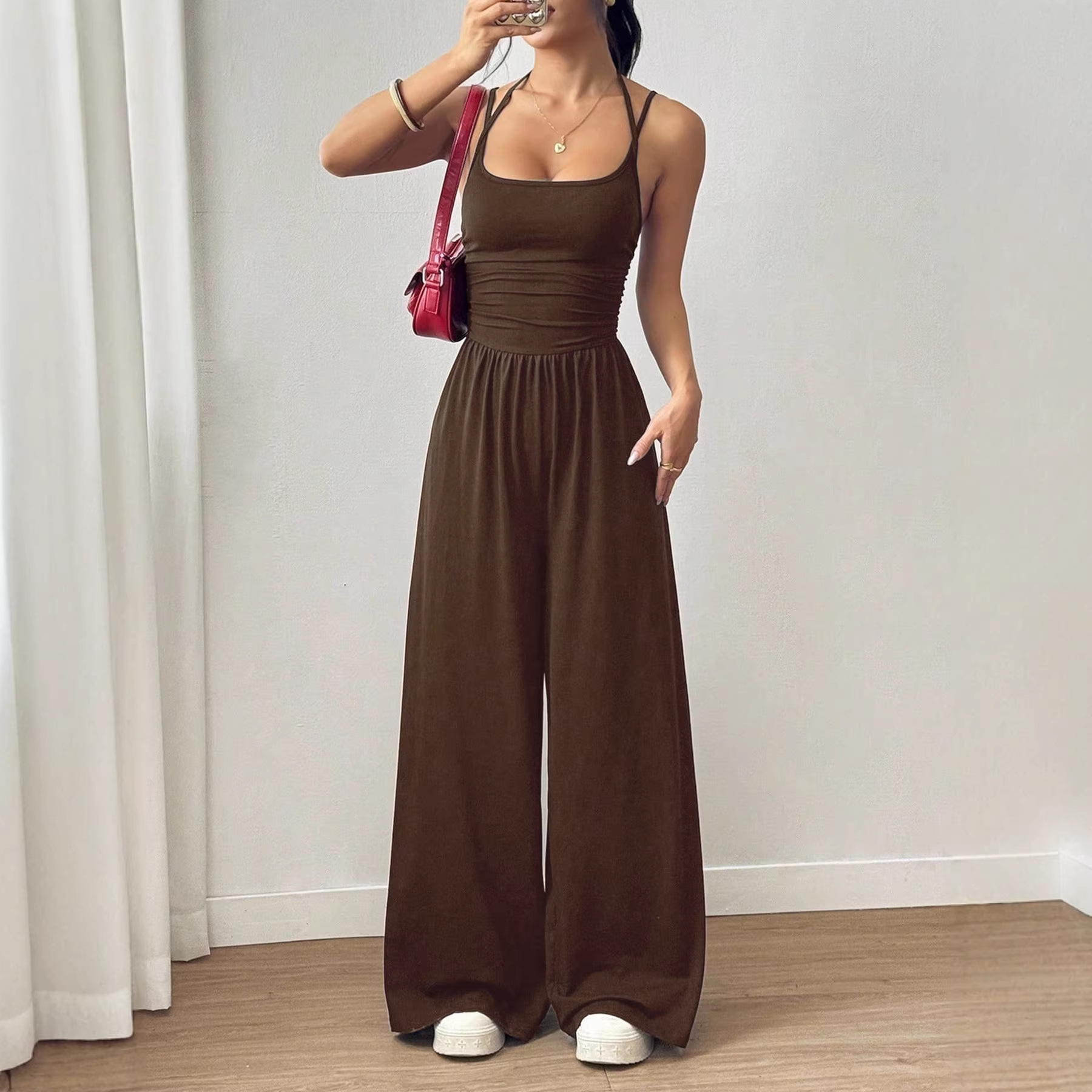 Solid Color Sleeveless Wide-Leg Jumpsuit with Cami Top