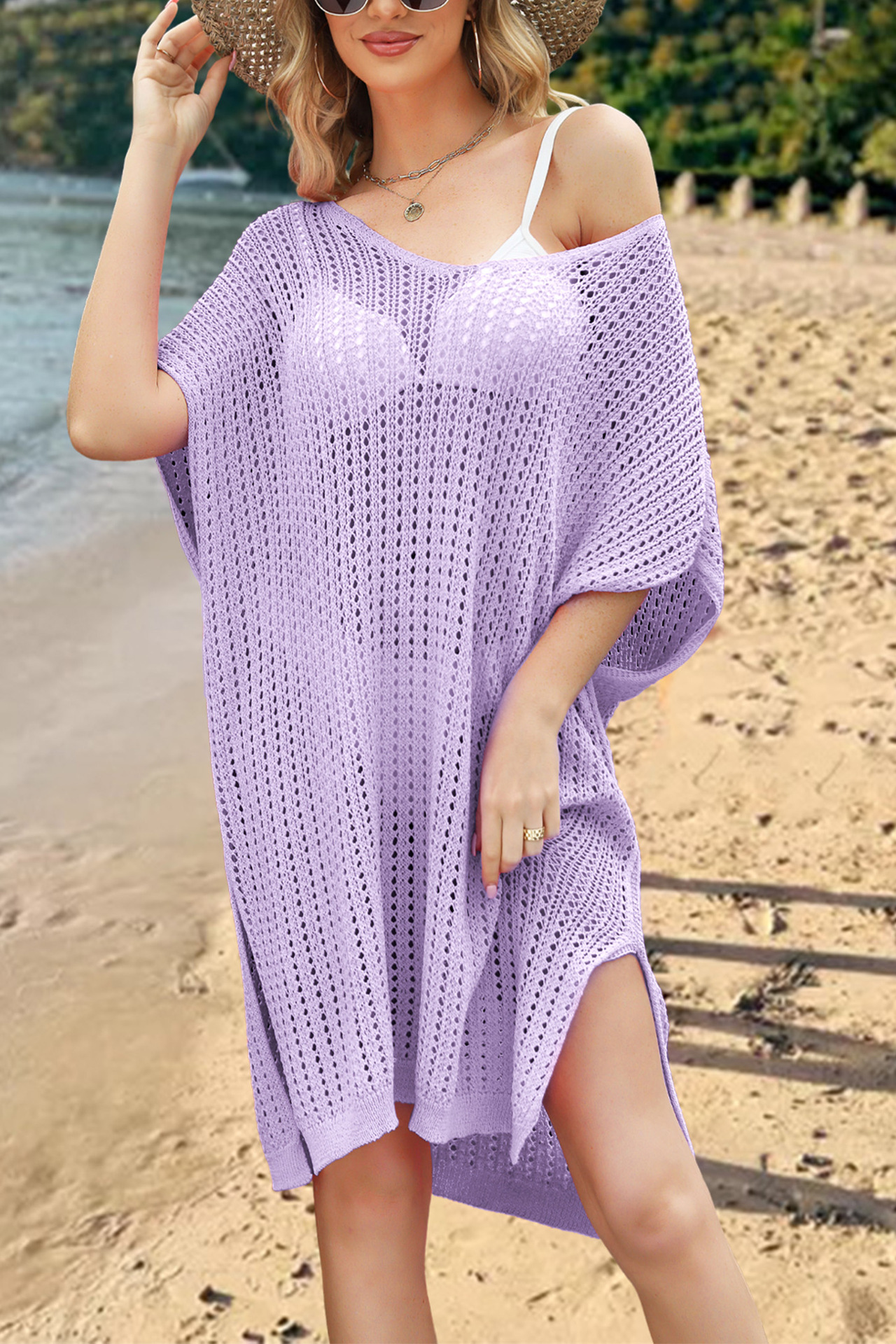 Women's Plus Size Sheer Knit Beach Cover-Up Dress