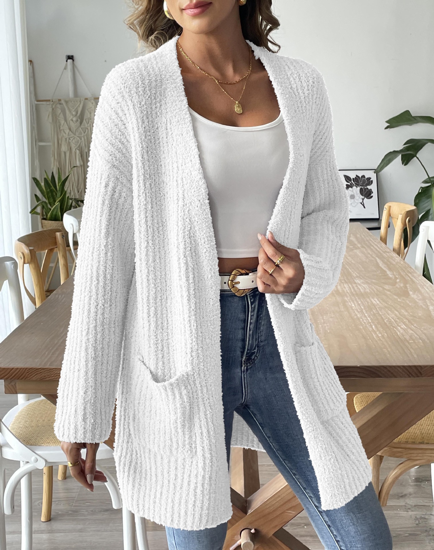 Women's Soft Knit Open-Front Cardigan Sweater with Pockets