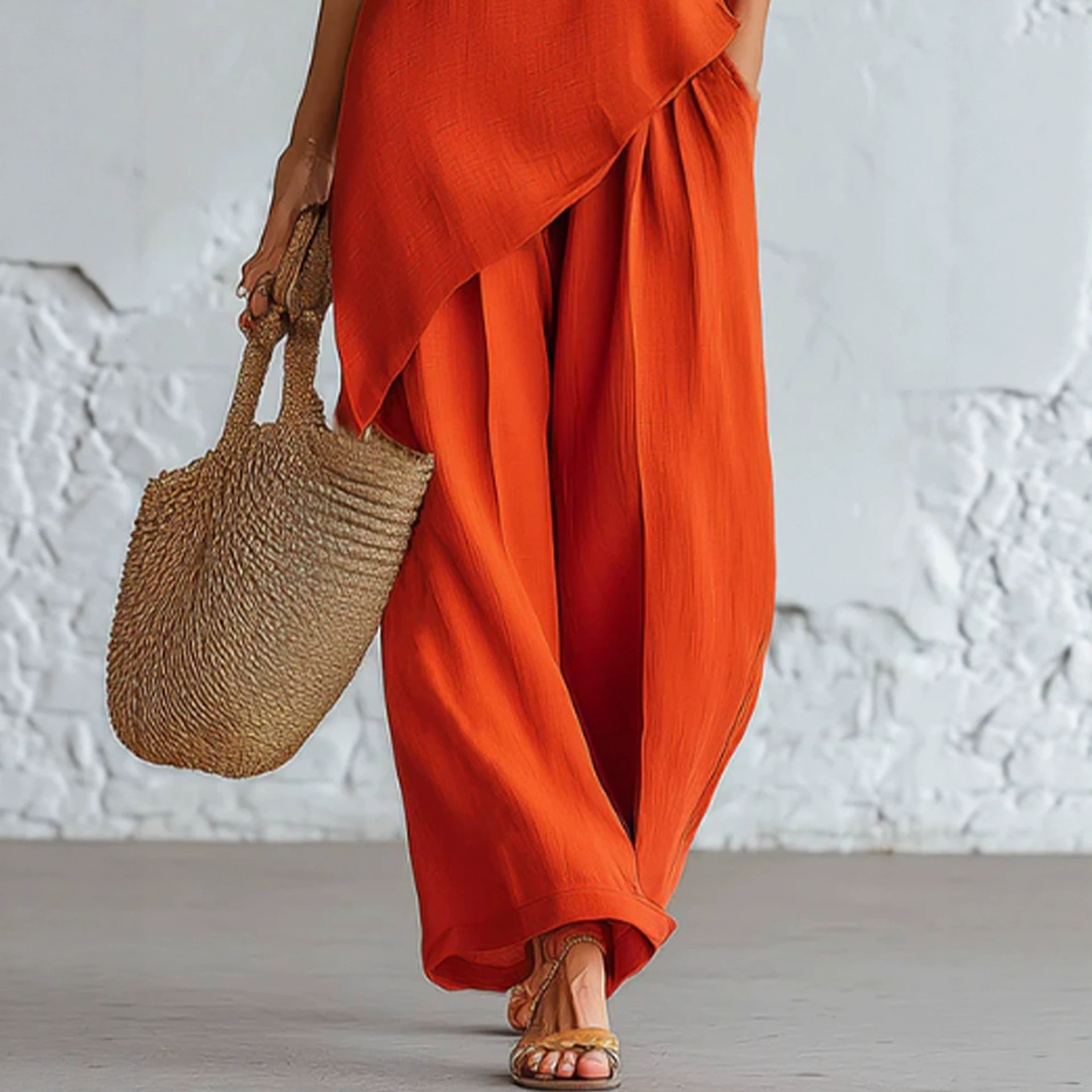 Women's Cotton-Linen Two-Piece Set with Sleeveless Top and Pants