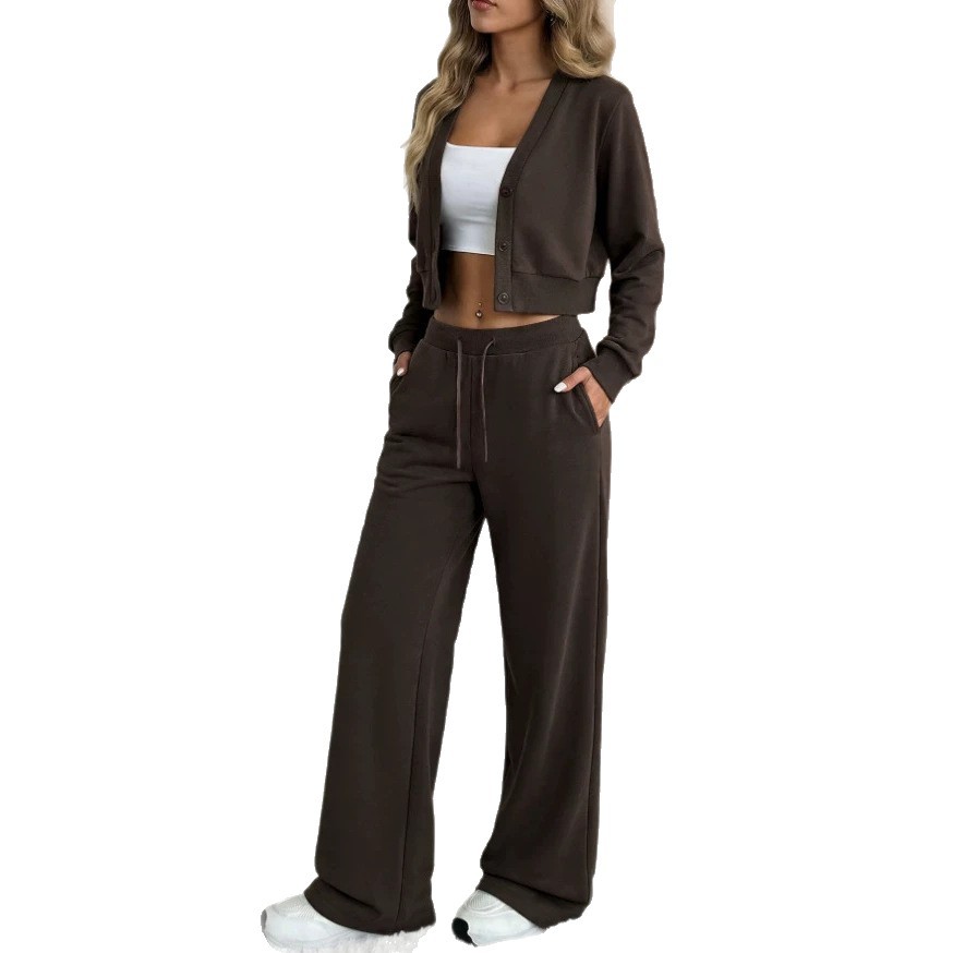 Women's Solid Color Cropped Cardigan & Wide-Leg Pants Casual Set