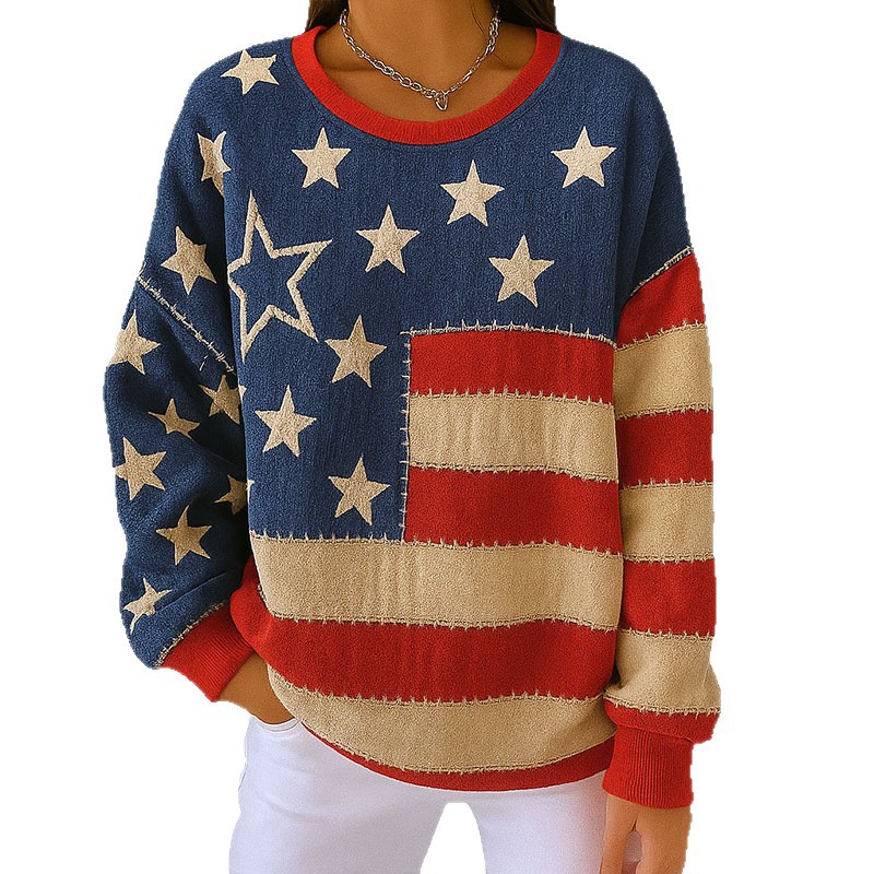 Women's Crewneck Sweatshirt with American Letter Star Flower Print