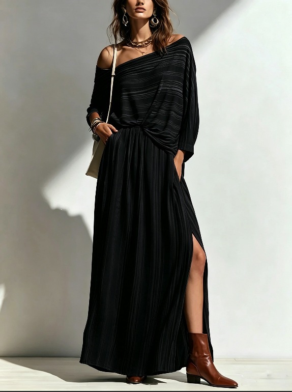 Striped Off-Shoulder Batwing Sleeve Top and High-Waist Long Skirt Set