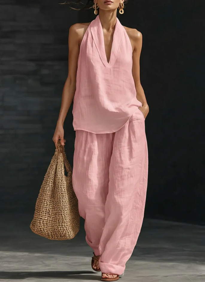 French-Style Halter V-Neck Open-Back Top & Wide-Leg Pants Set