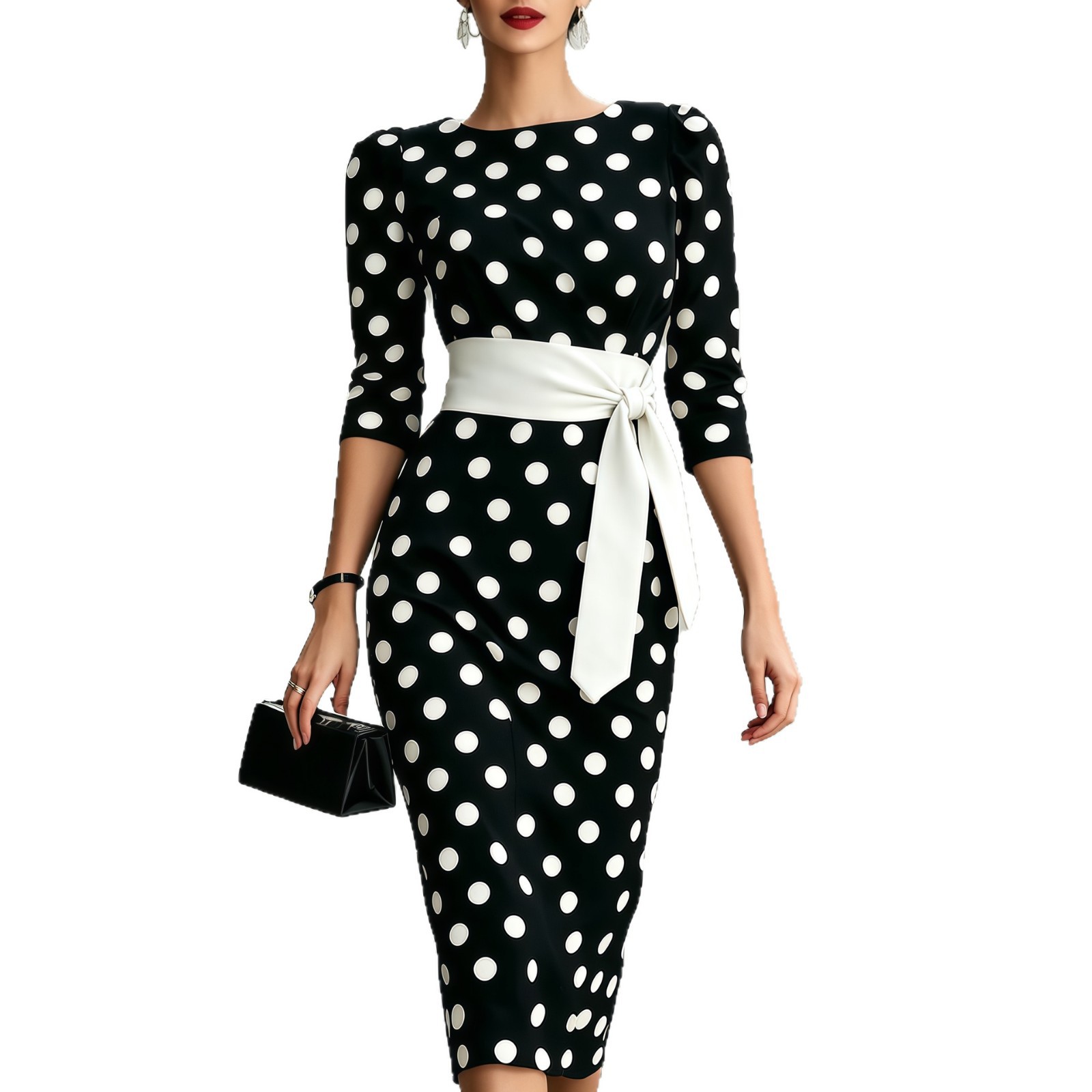 Elegant Polka Dot A-Line Midi Dress with Three-Quarter Sleeves