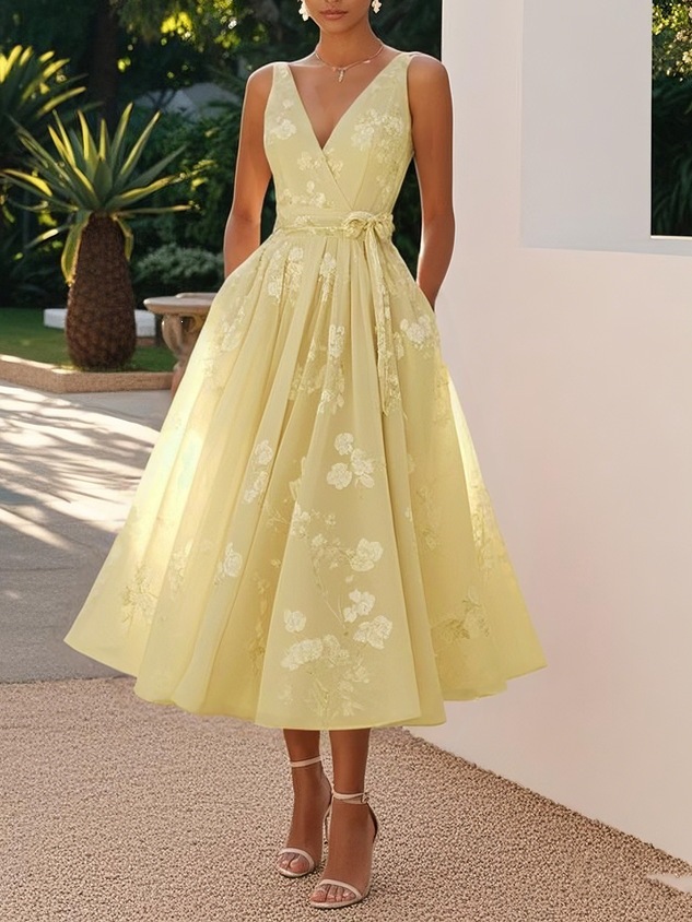 Sleeveless V-Neck Digital Print Dress for Evening Parties