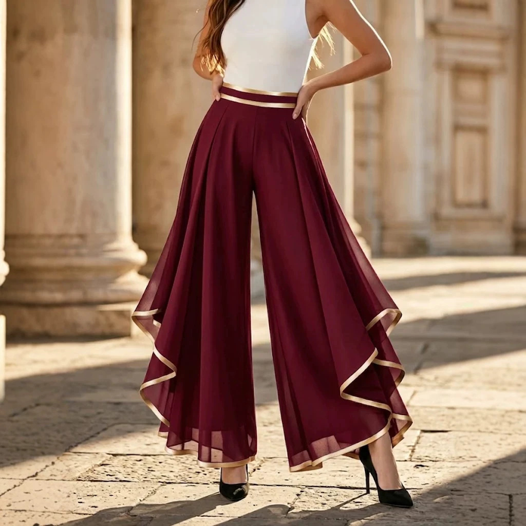 Women's High-Waist Wide-Leg Chiffon Pants with Contrast Piping