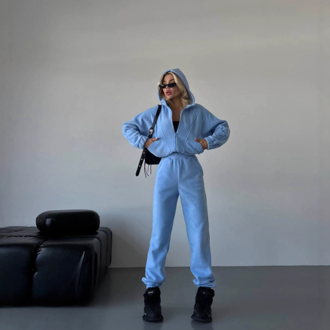 Women's Fleece Hooded Cardigan and Pants Set Long Sleeve Casual