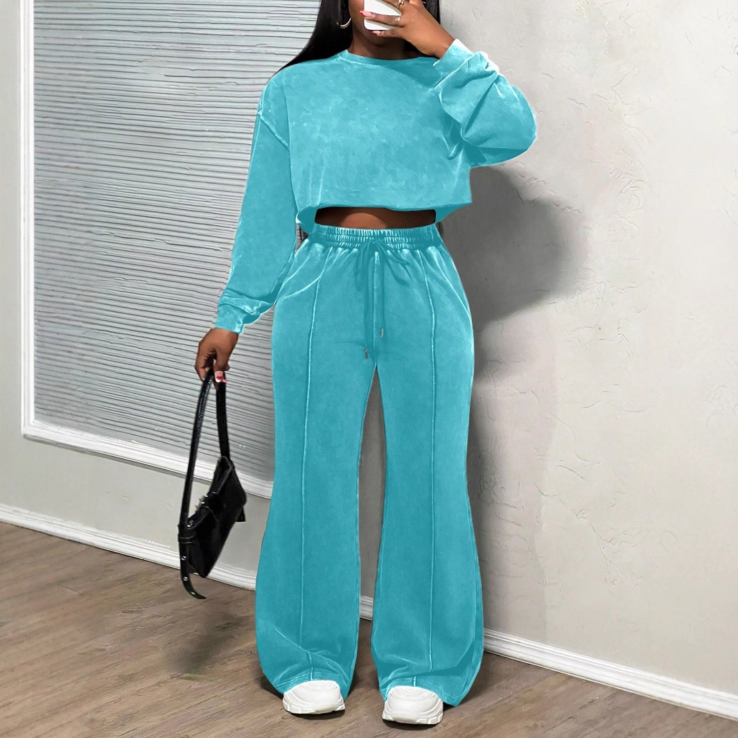 Women's Long-Sleeve Washed Zip-Up Sweatsuit Set