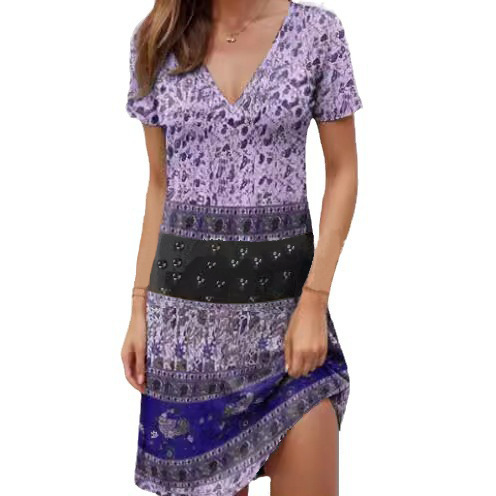 V-Neck Short Sleeve High Waist Geometric Print Midi Dress
