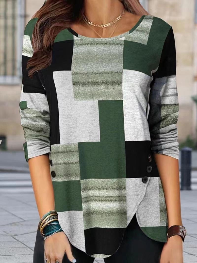 Plaid Crewneck Pullover Long Sleeve Knit Top
