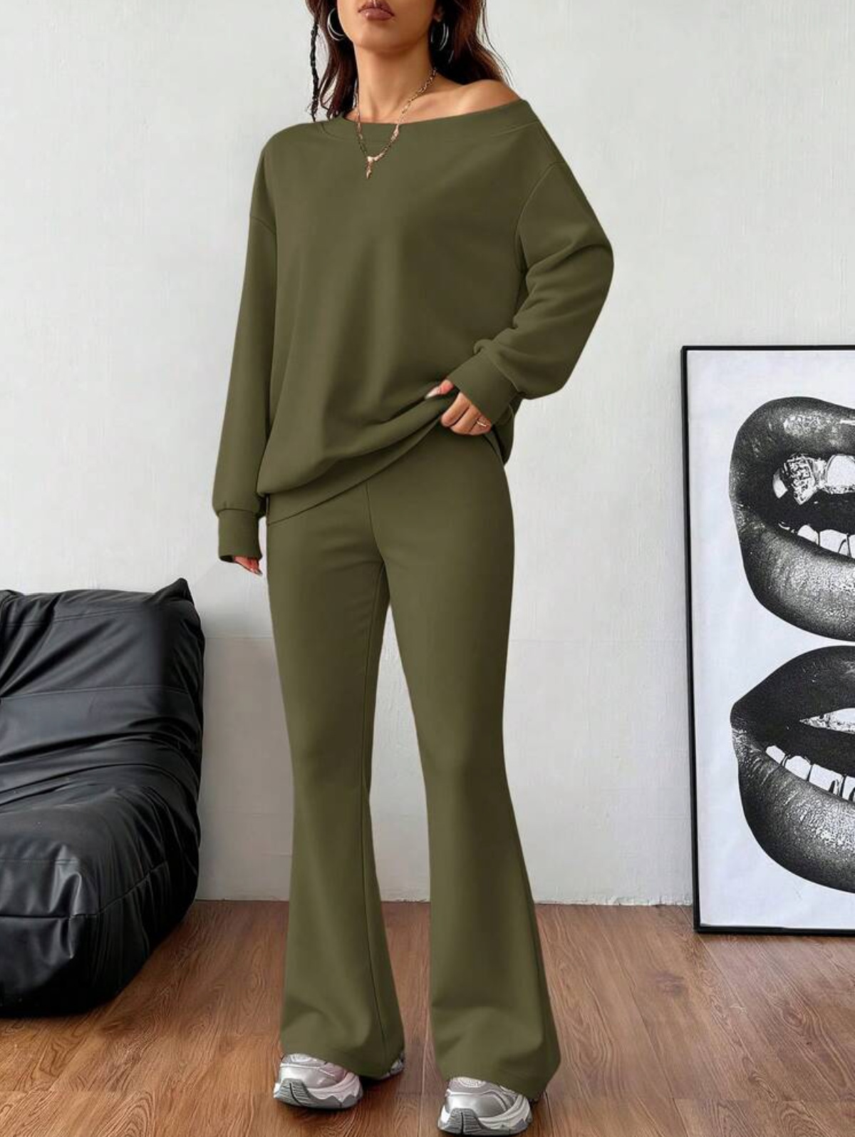 Off-Shoulder Lounge Two-Piece Set with Loose Sweatshirt and Flared Pants