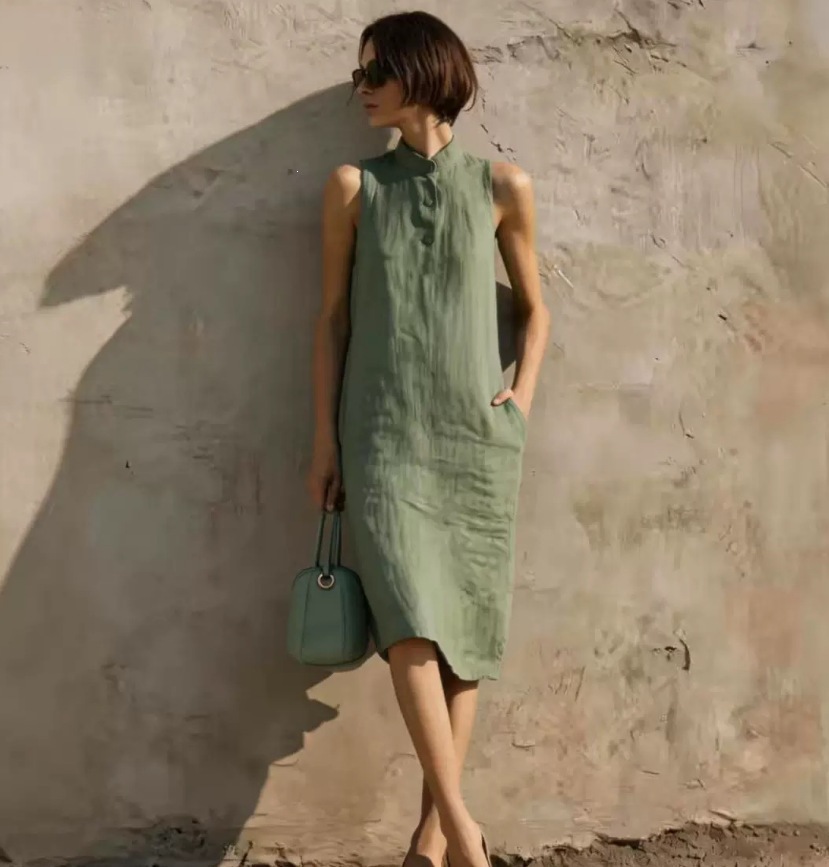 Sleeveless Linen Straight Dress Minimalist Textured Cotton-Linen Midi