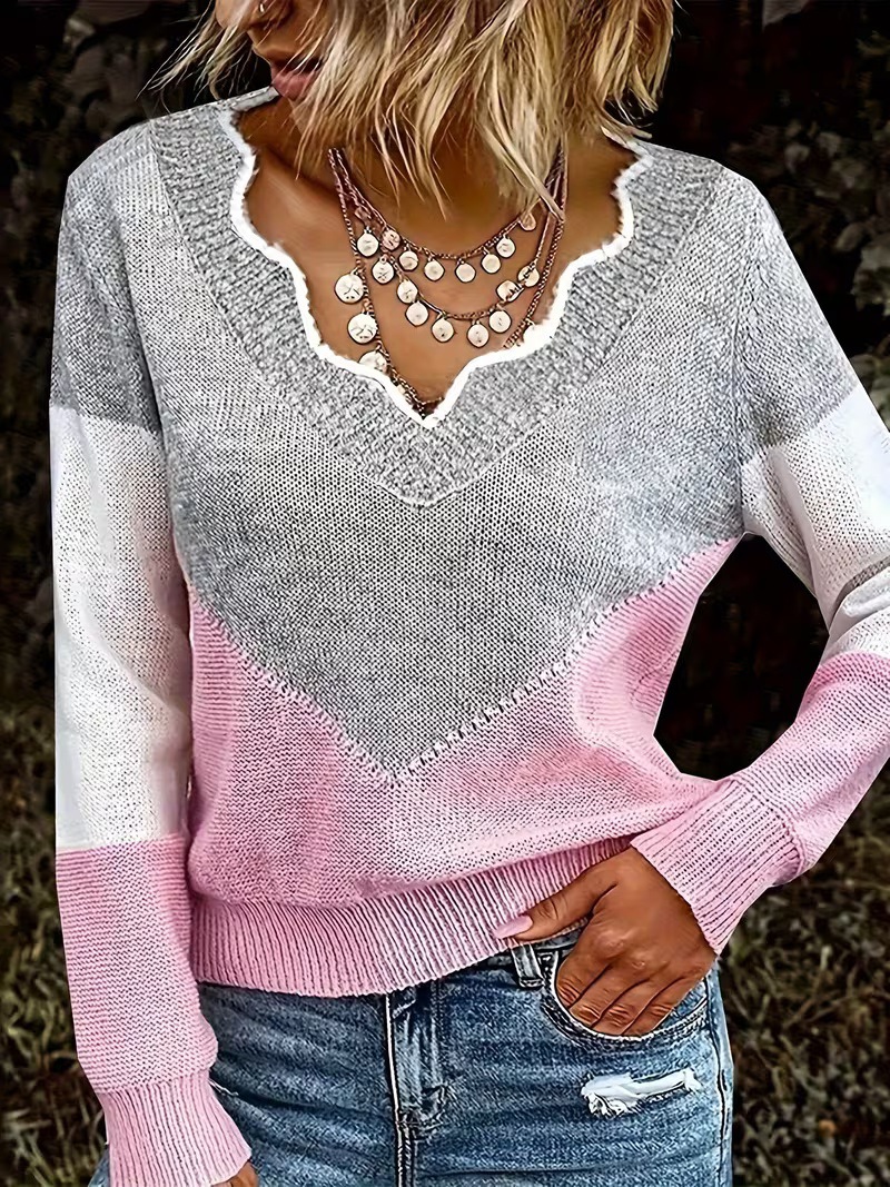 Women's Color-Block V-Neck Knit Pullover Sweater