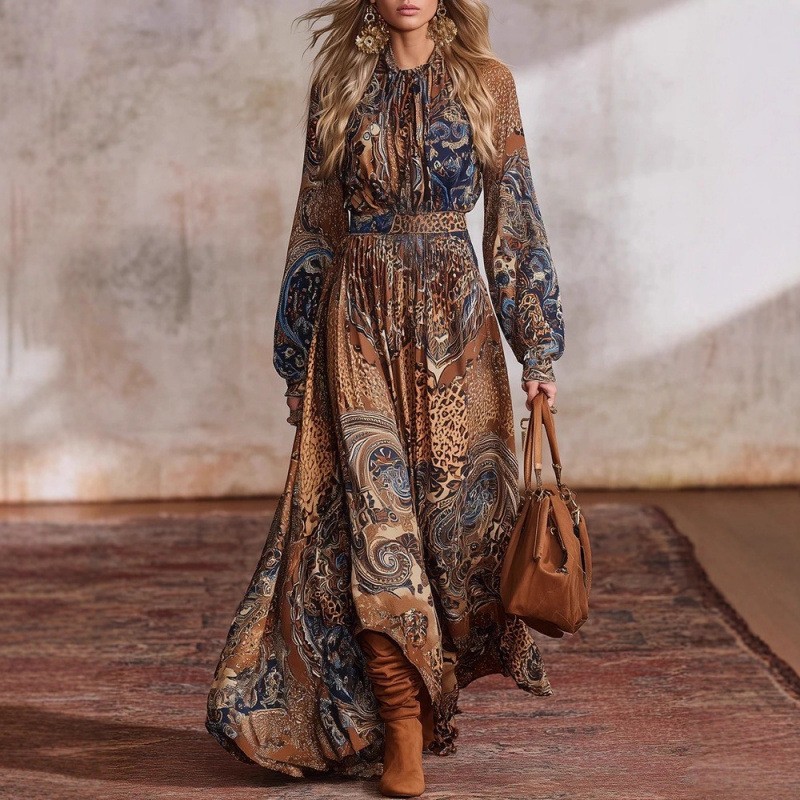 Bohemian Print Long Sleeve Lantern Sleeve Maxi Dress