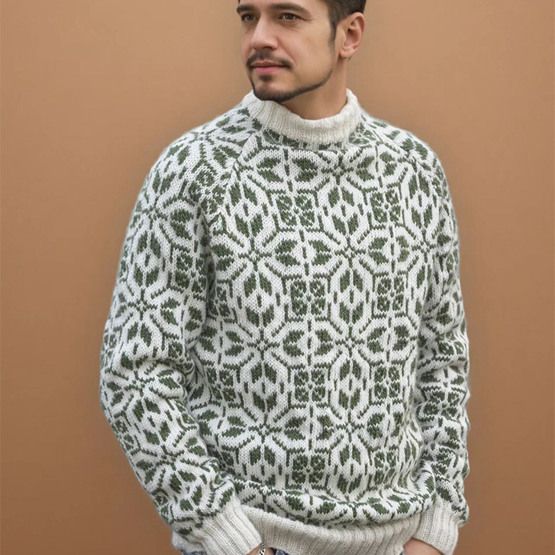 Retro Floral Jacquard Crewneck Pullover Sweater