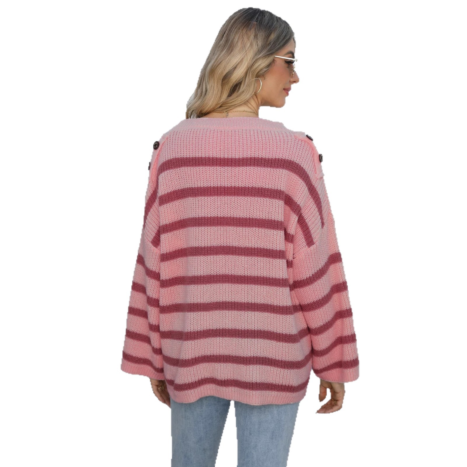 Women's Striped Colorblock Button-Trim Bell-Sleeve Sweater