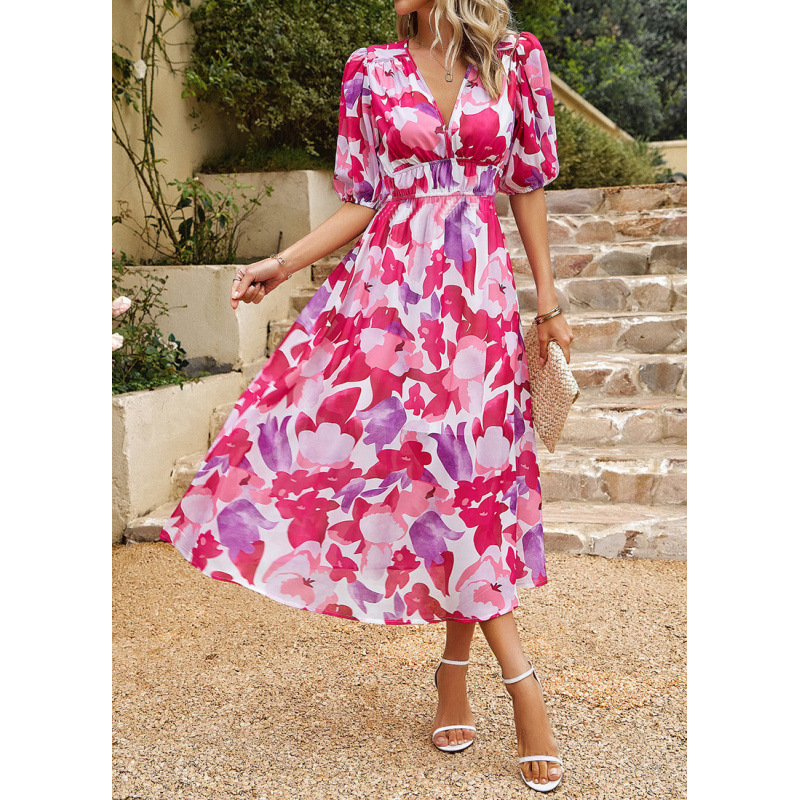 V-Neck Chiffon Floral Print High-Waist Maxi Dress