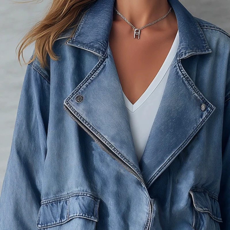 Blue Denim Zip Bomber Jacket with Collar