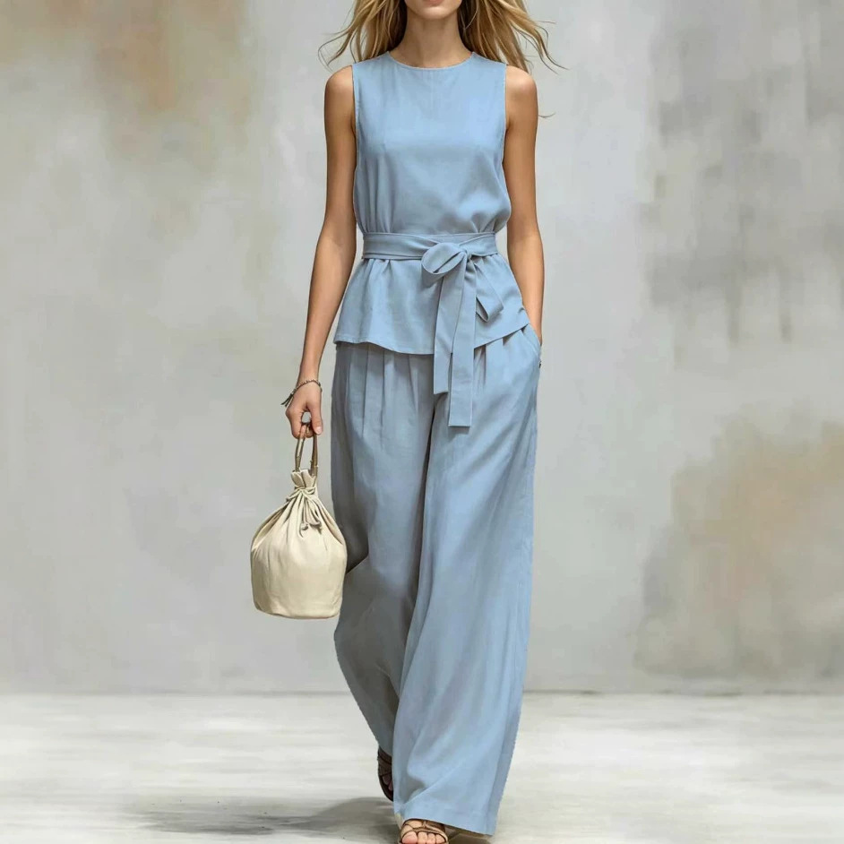 Women's Sleeveless Top and Belted Pants Two-Piece Set