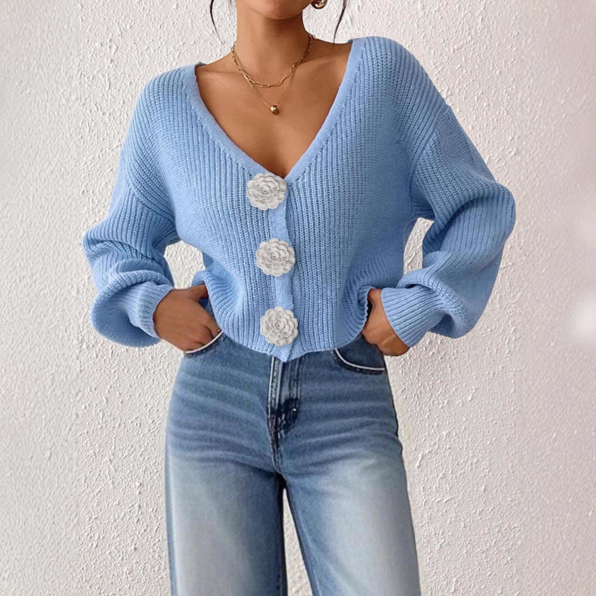 Women's Crochet Floral Button Cardigan Knit Top Short Jacket