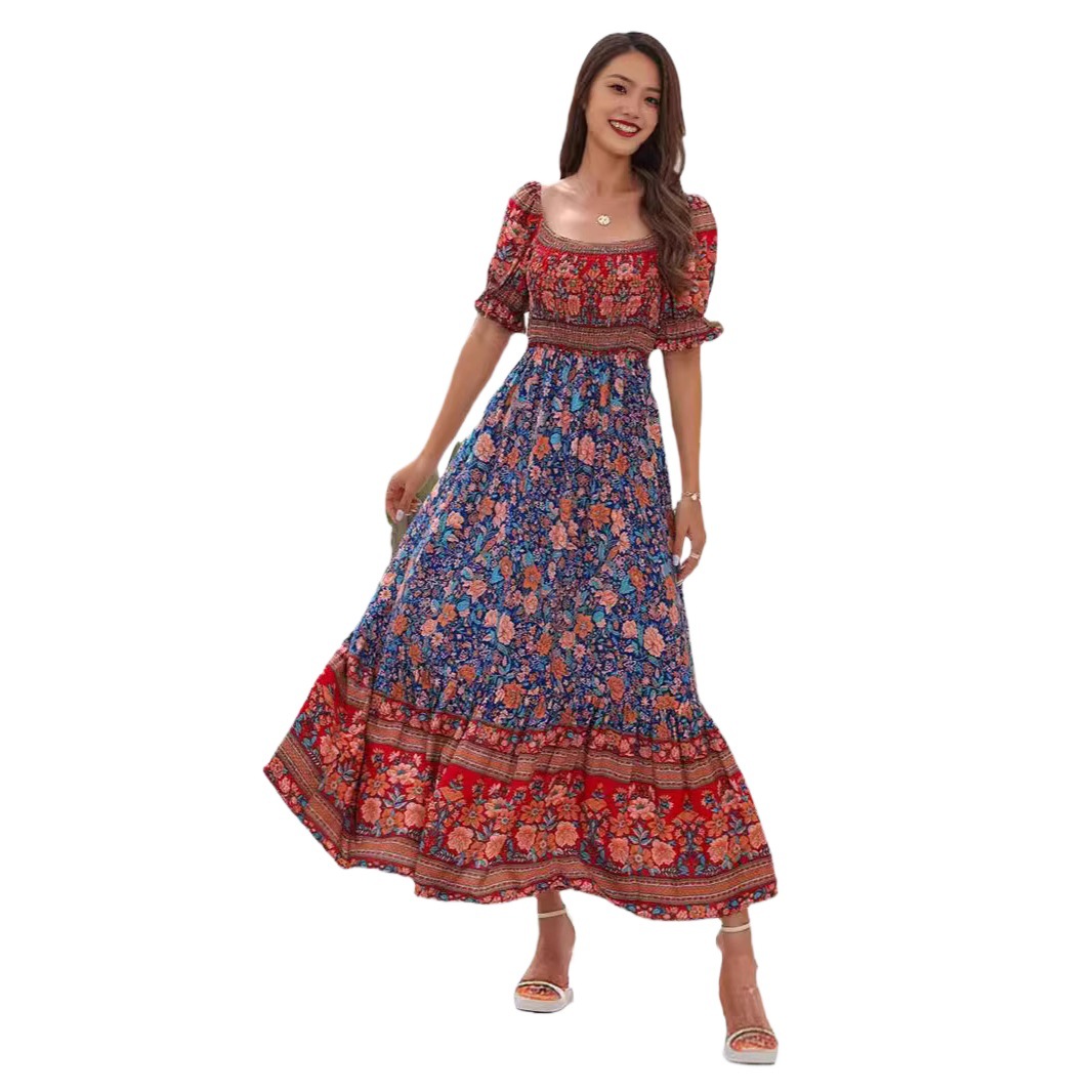 Boho Off-Shoulder Puff Sleeve Ruffle Maxi Dress