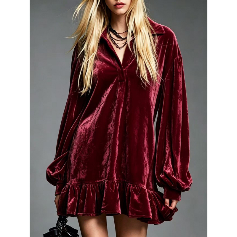 French-Style Velvet Lantern-Sleeve Ruffle Collared Shirt Dress