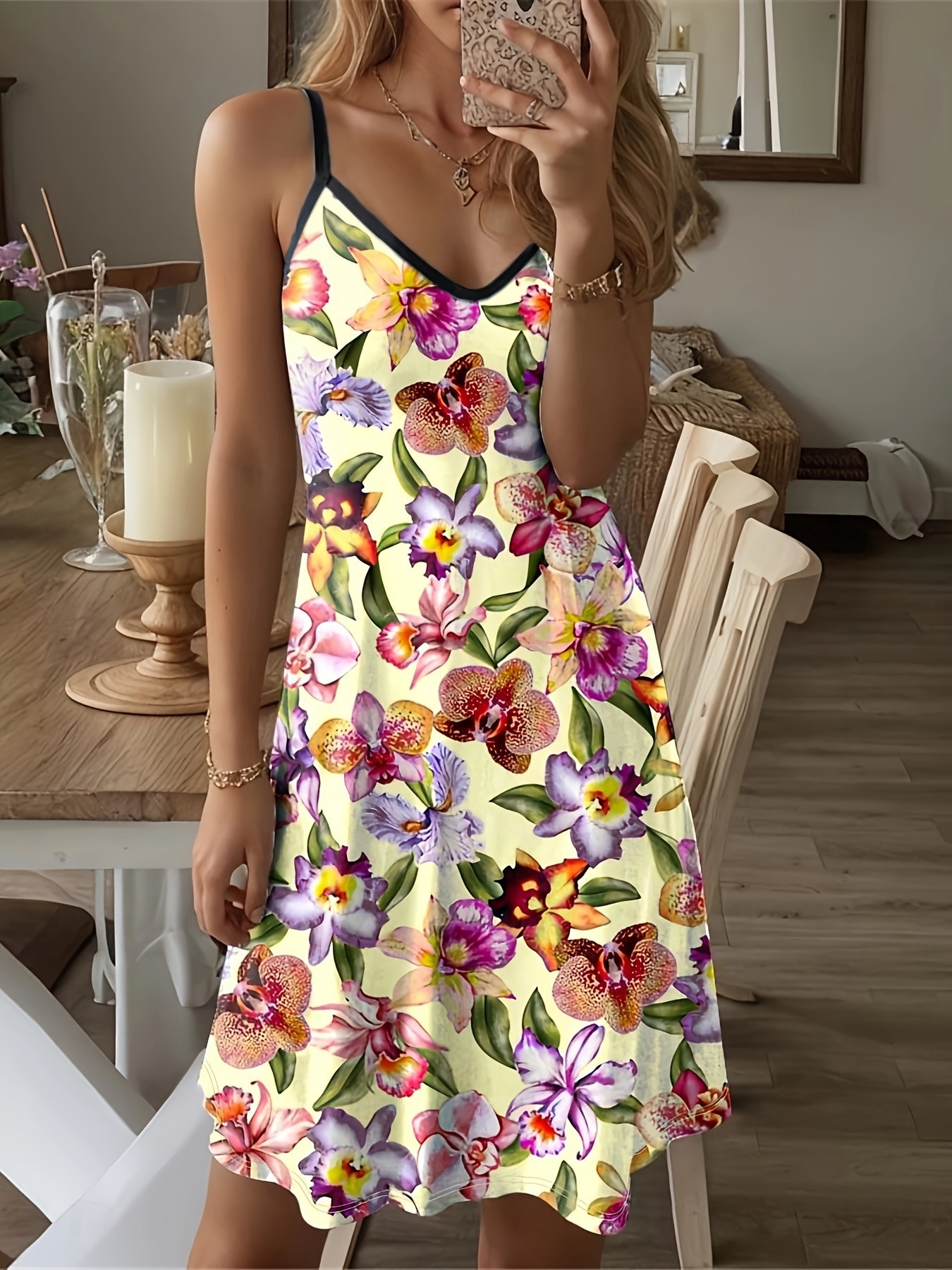 Floral Print Sleeveless Midi Dress with Round Neck