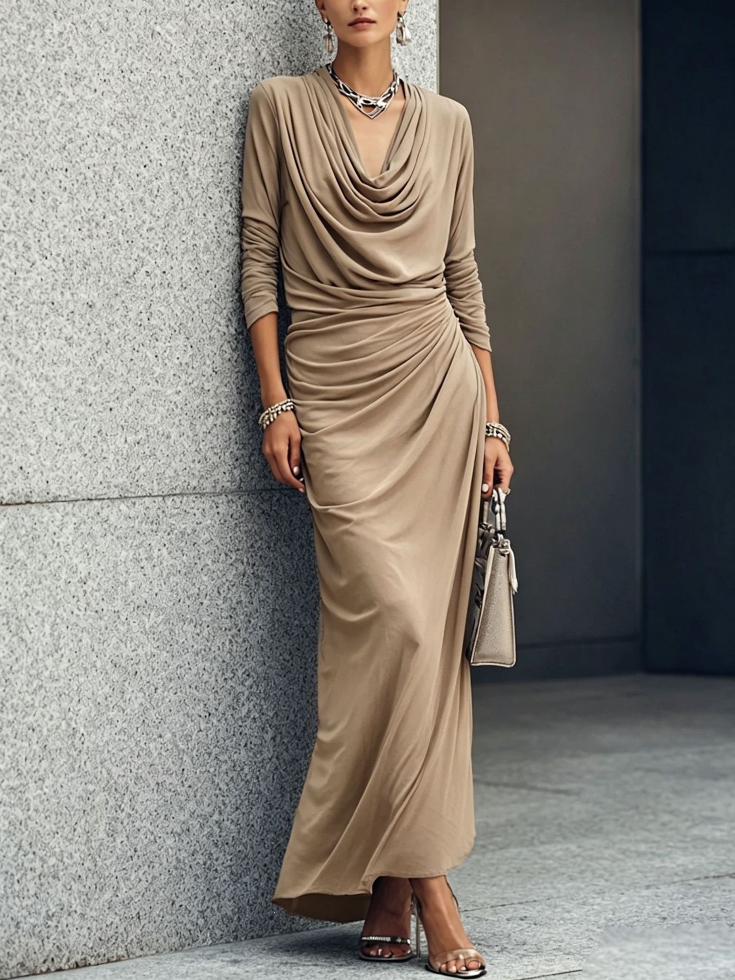 Women's Long Sleeve Draped Neck Ruched Waist Midi Dress