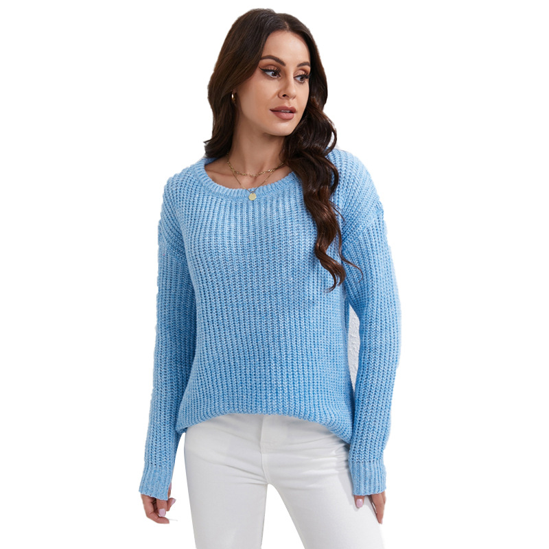 Women's Solid Crewneck Pullover Sweater Loose Long Sleeve Knit Top