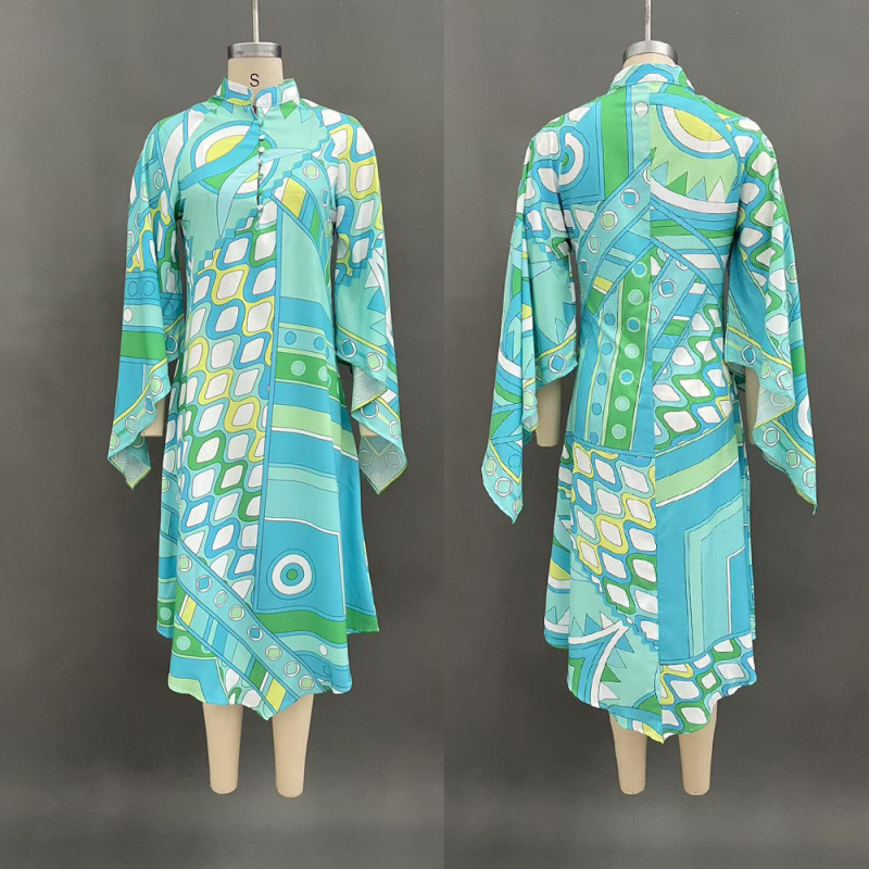 Printed Long Sleeve Stand Collar Loose Dress