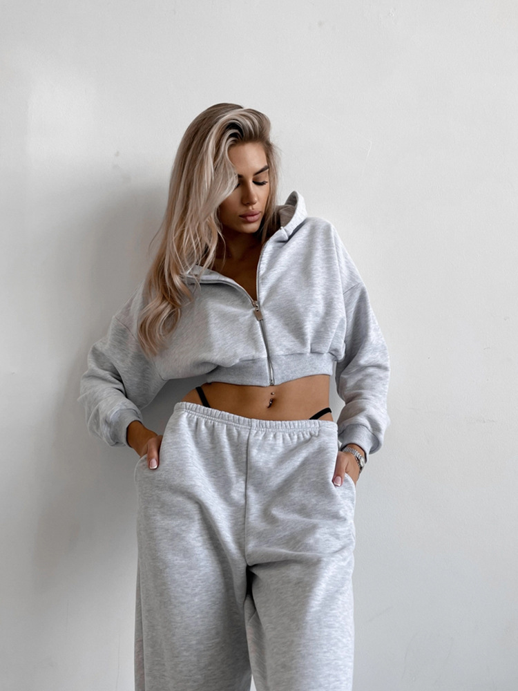 Women's Solid Color Hooded Cardigan Sweatshirt and Jogger Pants Two-Piece Set