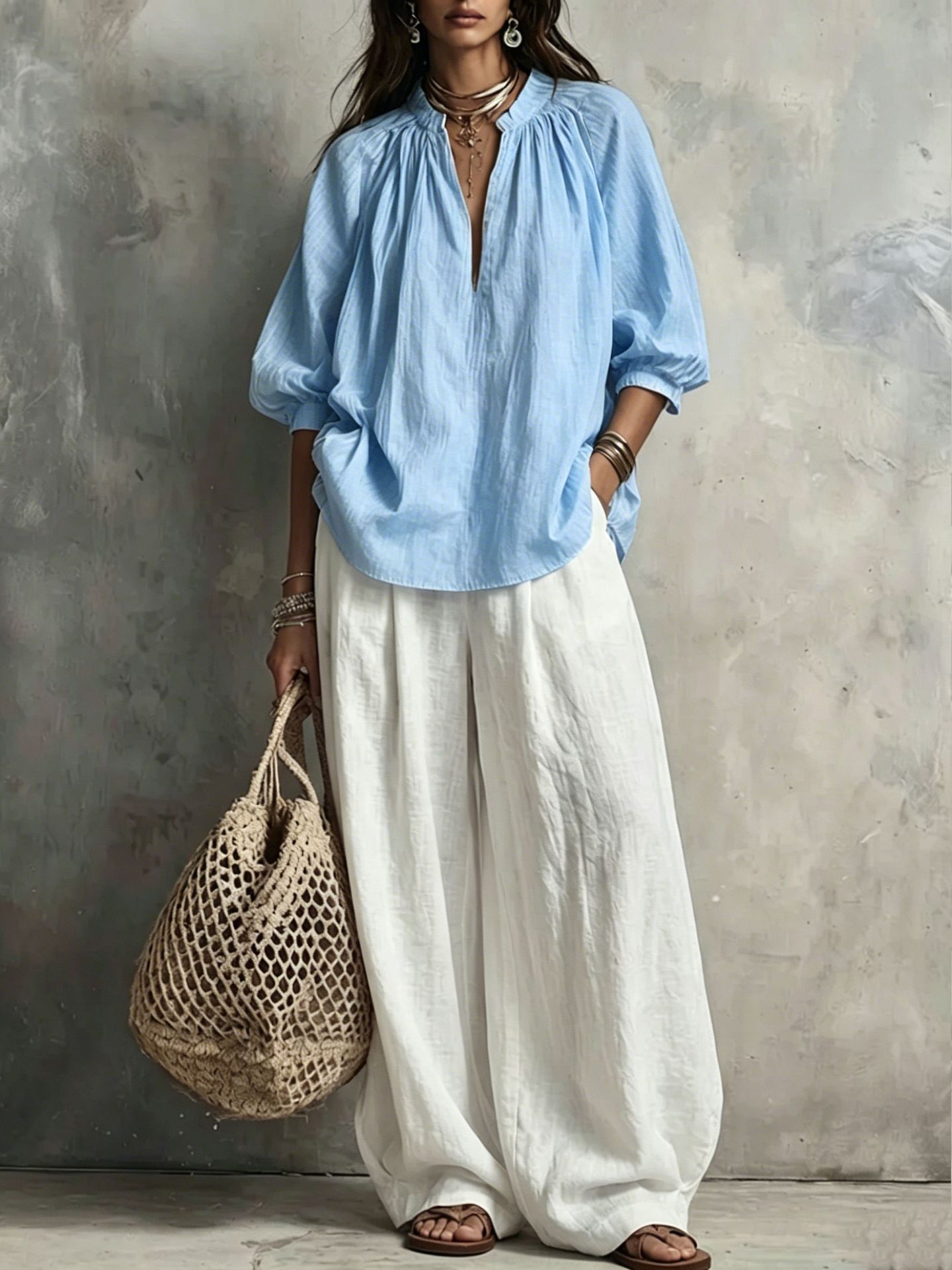 Boho V-Neck 3/4 Sleeve Shirt & Wide-Leg Pants Set
