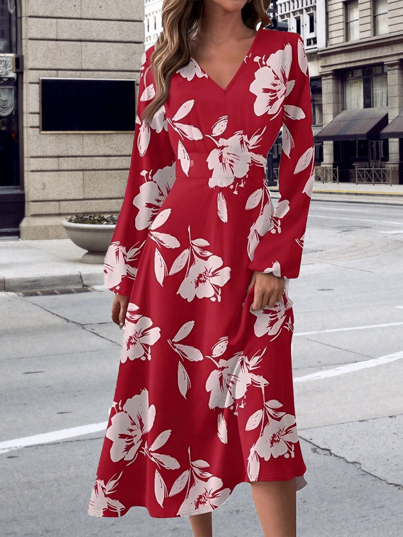 V-Neck Floral Print Long Sleeve High Waist Maxi Dress