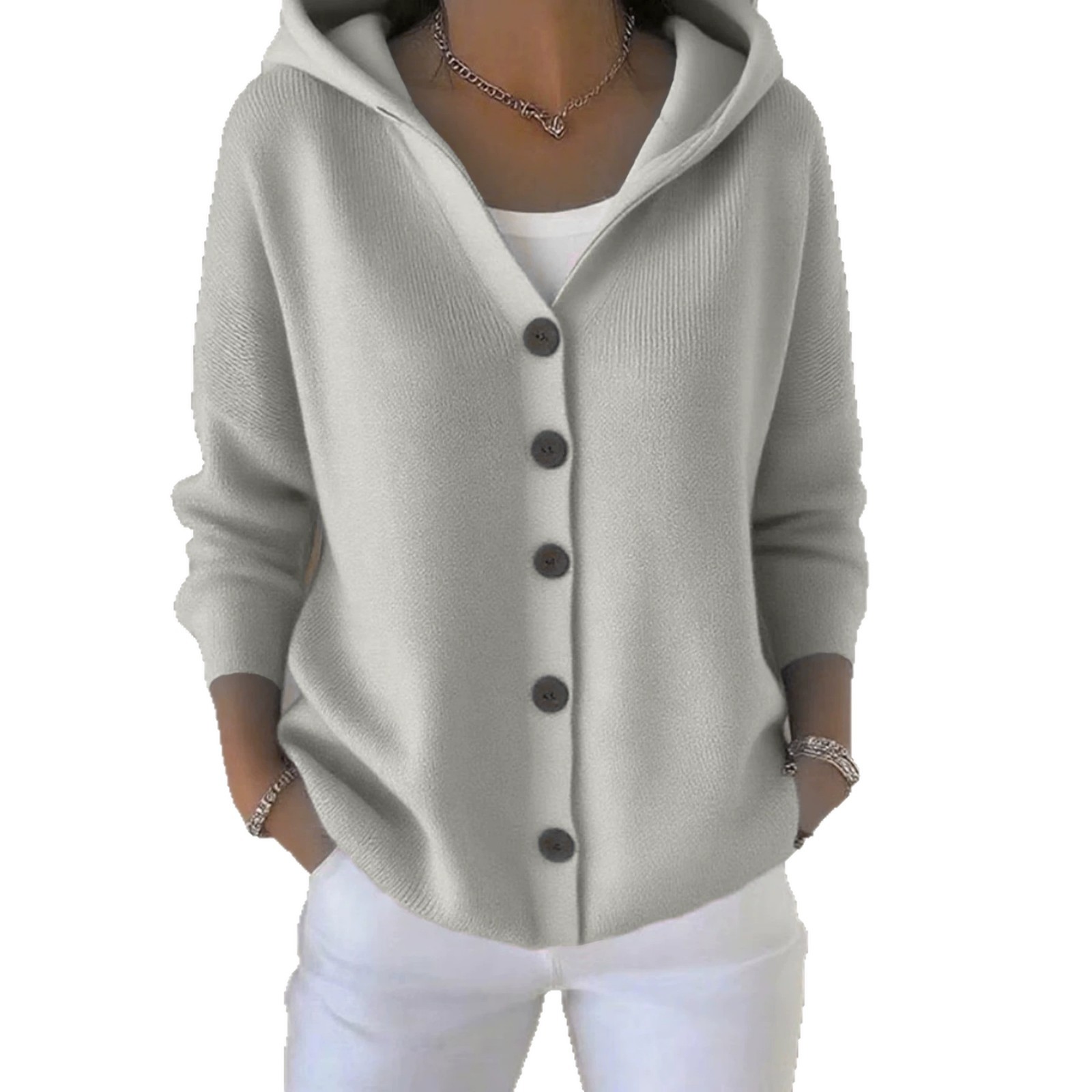 Women's Hooded Knit Cardigan Solid Color Casual Sweater Coat