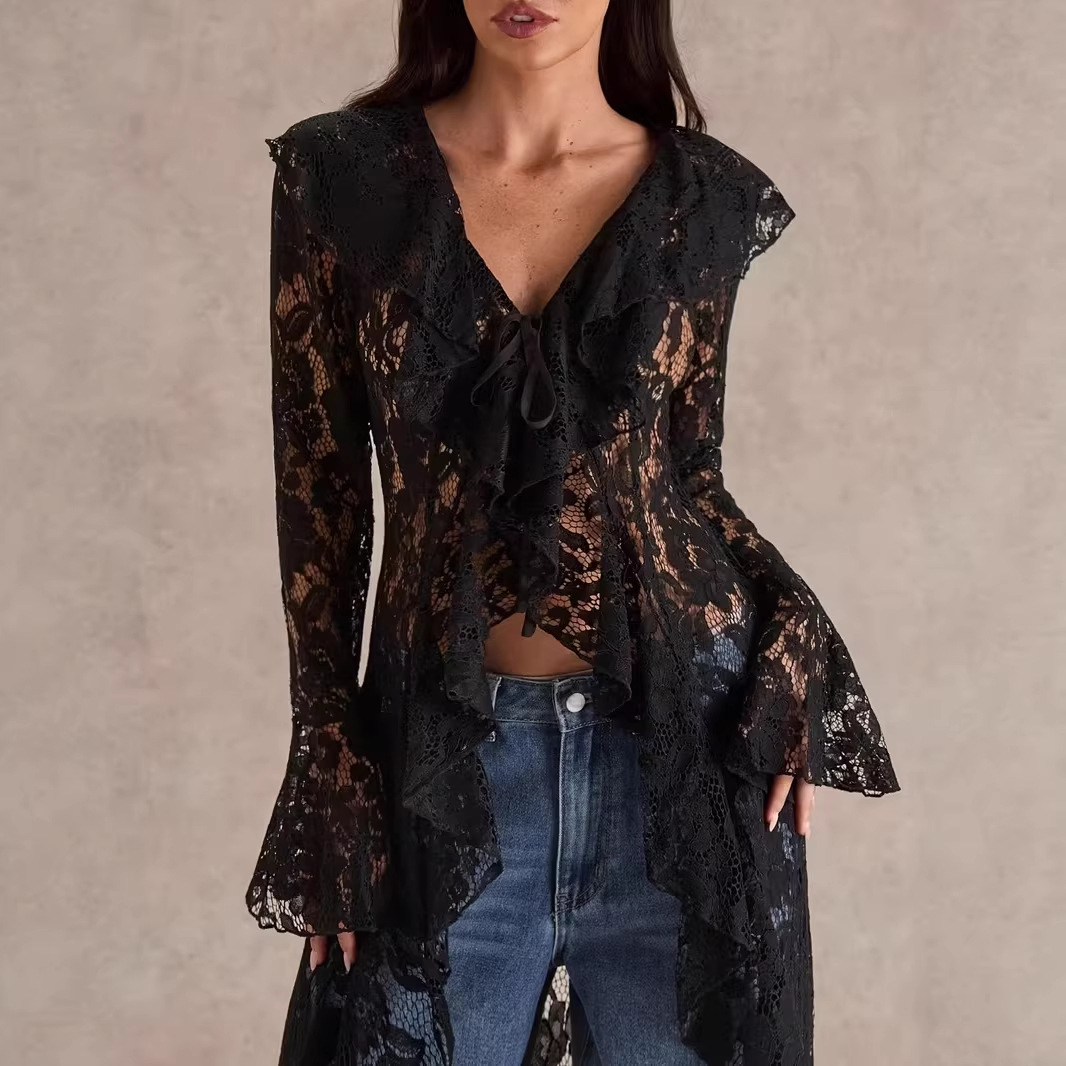 Women's Sheer Lace Ruffled Long Lightweight Cardigan