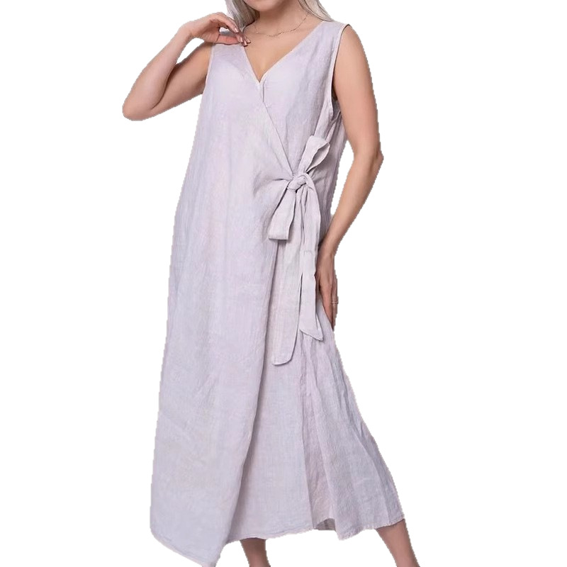 Women's Summer Loose Tie-Front Sleeveless Solid Cotton-Blend Dress