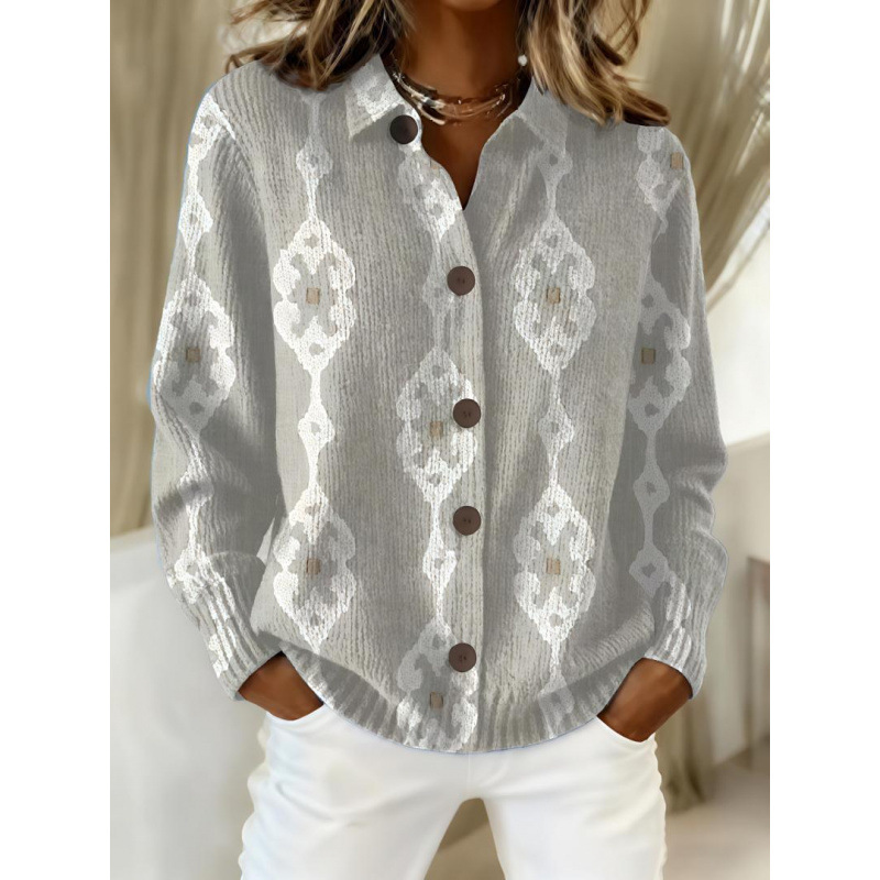 Women's Collared Button-Front Cardigan Sweater, Solid 3D Print Knit, Loose Fit