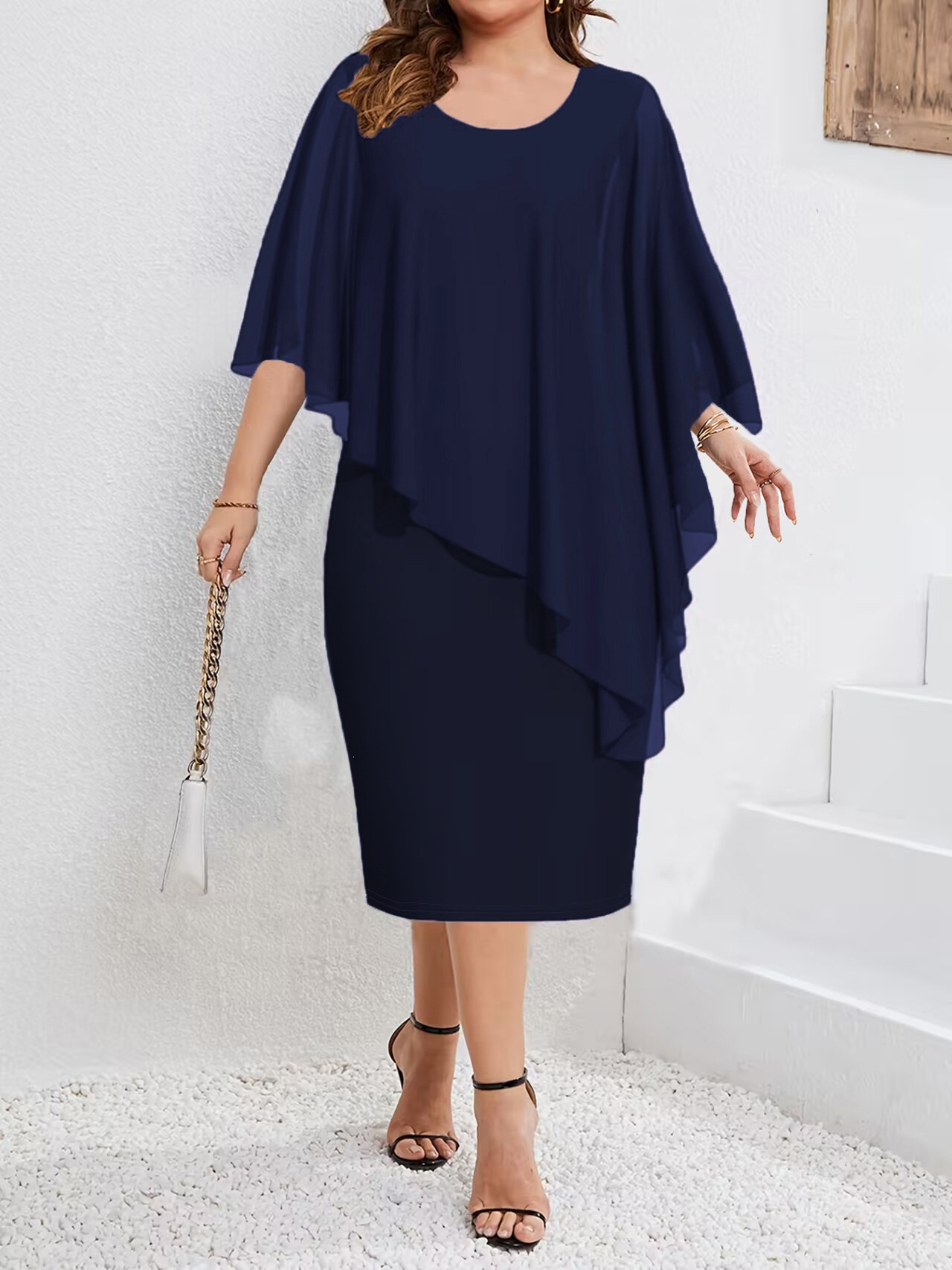 Plus Size Asymmetric Chiffon Midi Dress with Flutter Sleeves and Colorblock Design