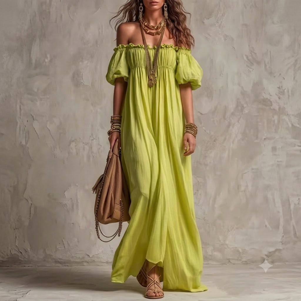 Off-Shoulder Puff Sleeve Long Dress Casual Loose Beach Vacation