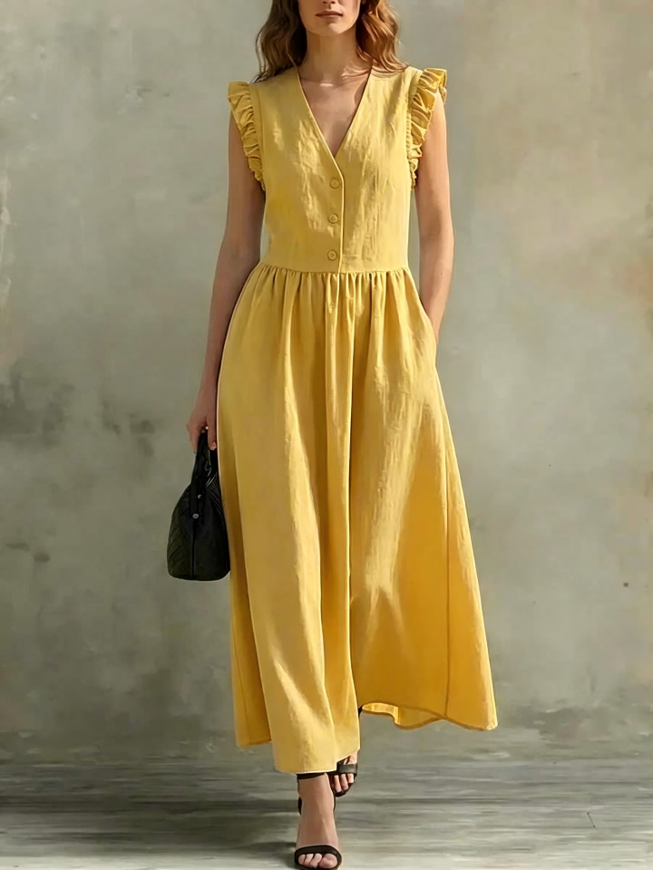 Women's Summer Ruffle Sleeve Solid Color Waist-Cinching Short Dress