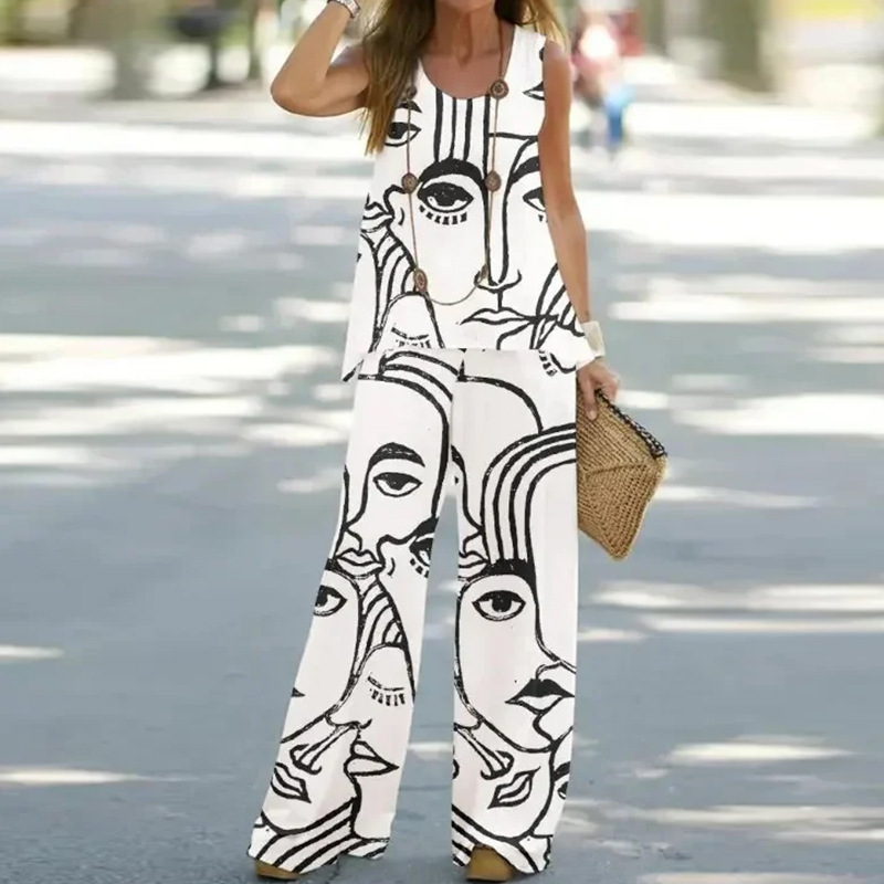 Women's Printed Sleeveless Tank Top and High-Waist Pants Set