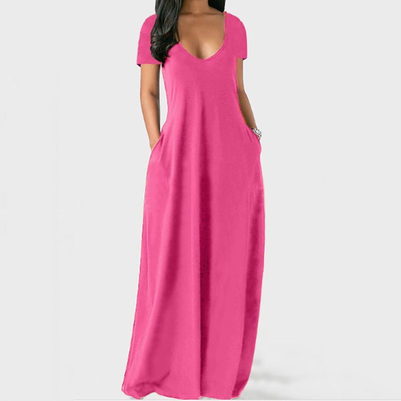 Plus Size Solid Deep V-Neck Short Sleeve Long Dress