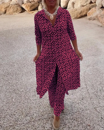 Women's Retro Print Button-Front Shirt and Pants Set